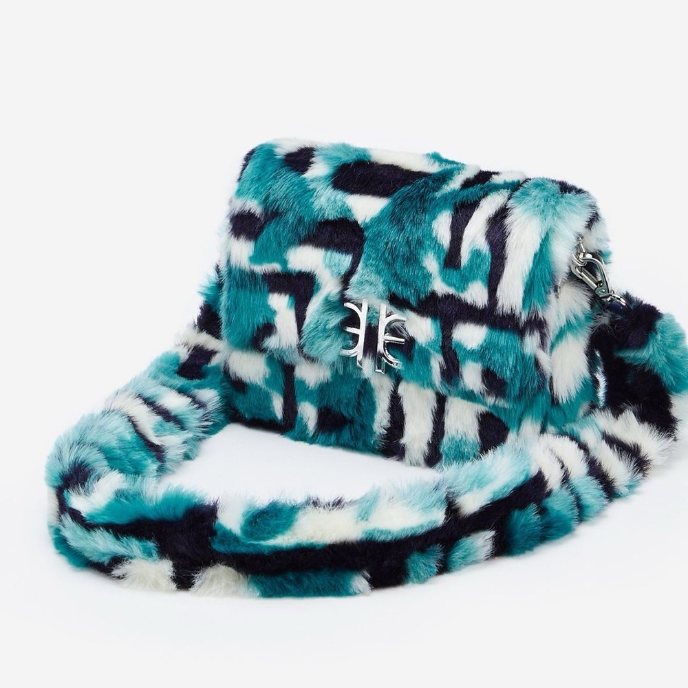 NWOT JW PEI Mini Flap Faux Fur Fabric Bag - Peacock Blue